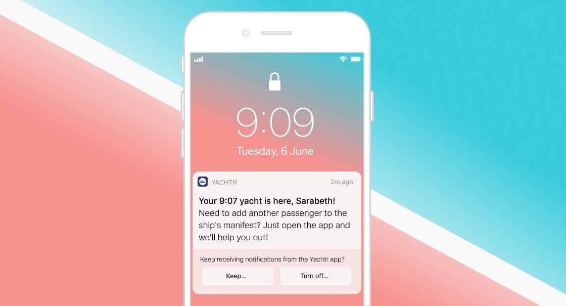 A provisional push notification about a yacht arrival