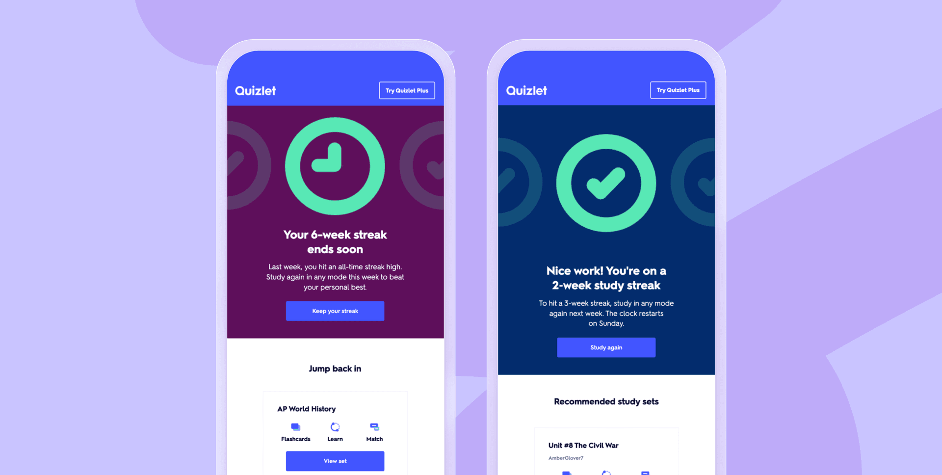 two cell phones with a quizlet app on them