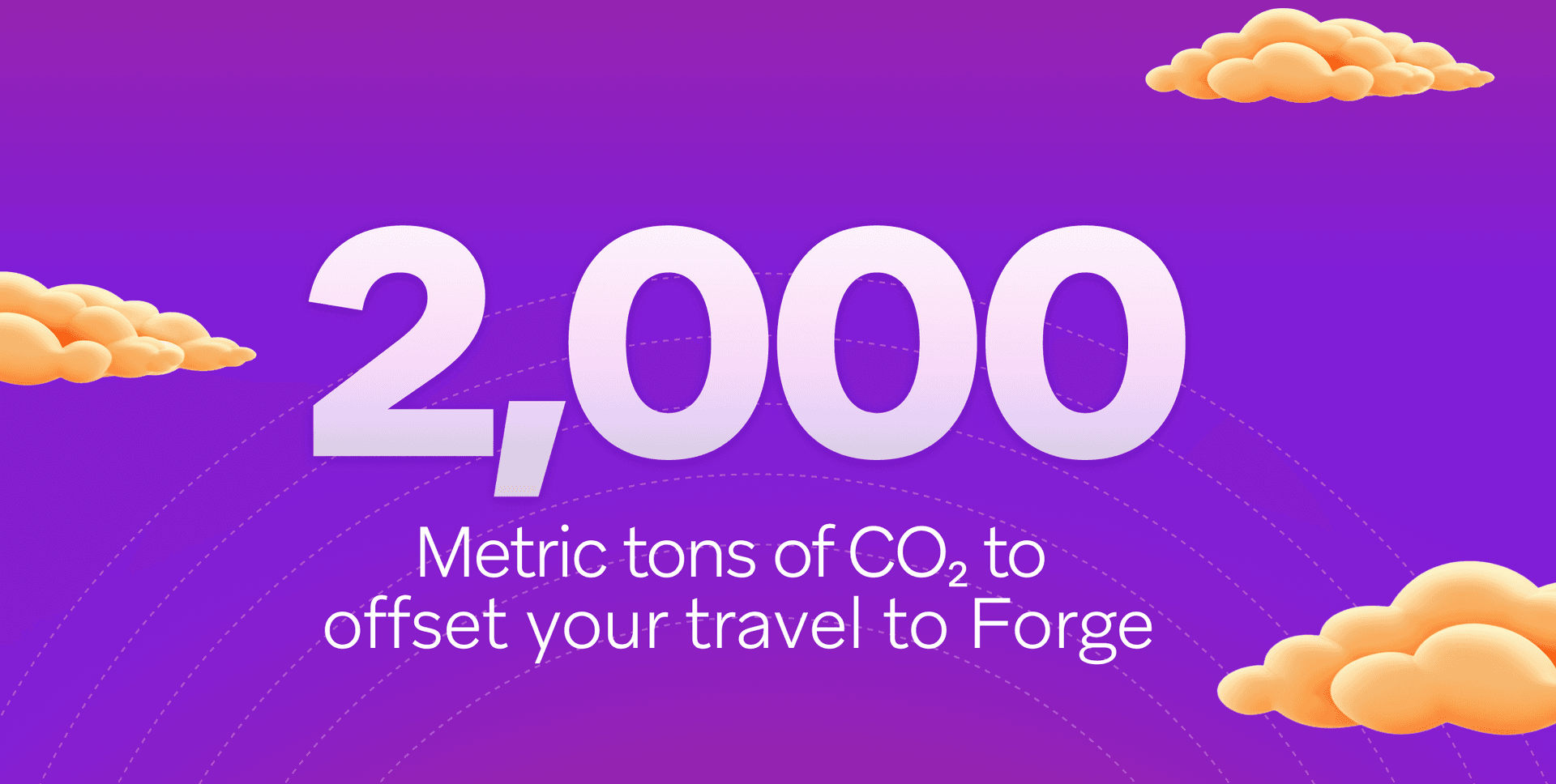 Text: 2,000 Metric tons of CO2 to offset your travel to Forge, on a purple background with clouds.