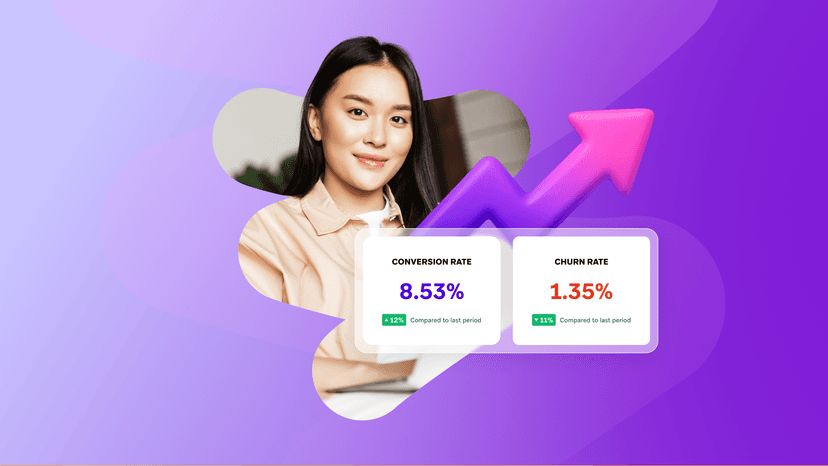Smiling woman with an upward arrow and data cards showing an 8.53% conversion rate and 1.35% churn rate.